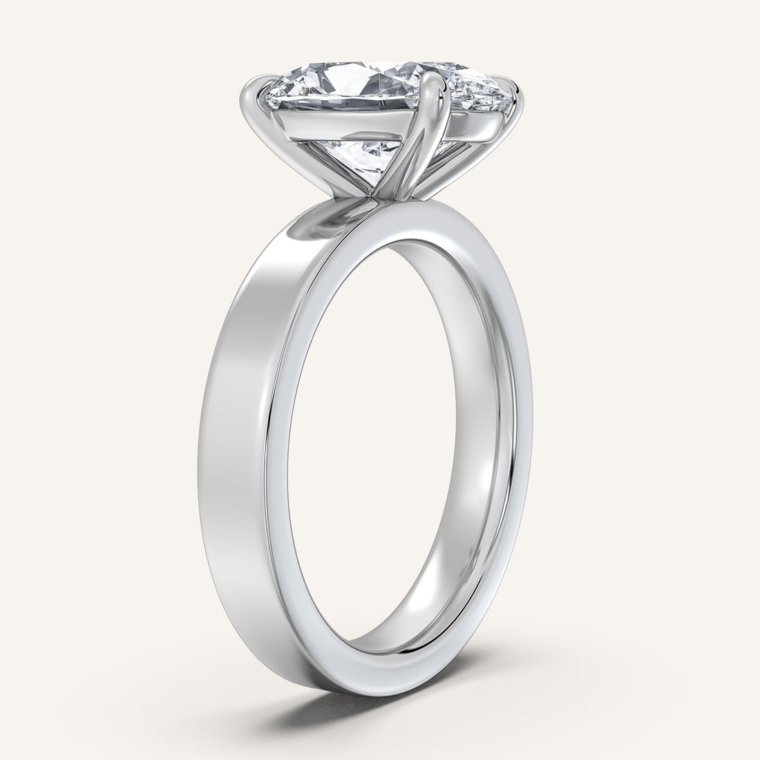 Oval lab-grown diamond on a wide flat band engagement ring in 14k white gold, a setting that balances a 4 carat stone