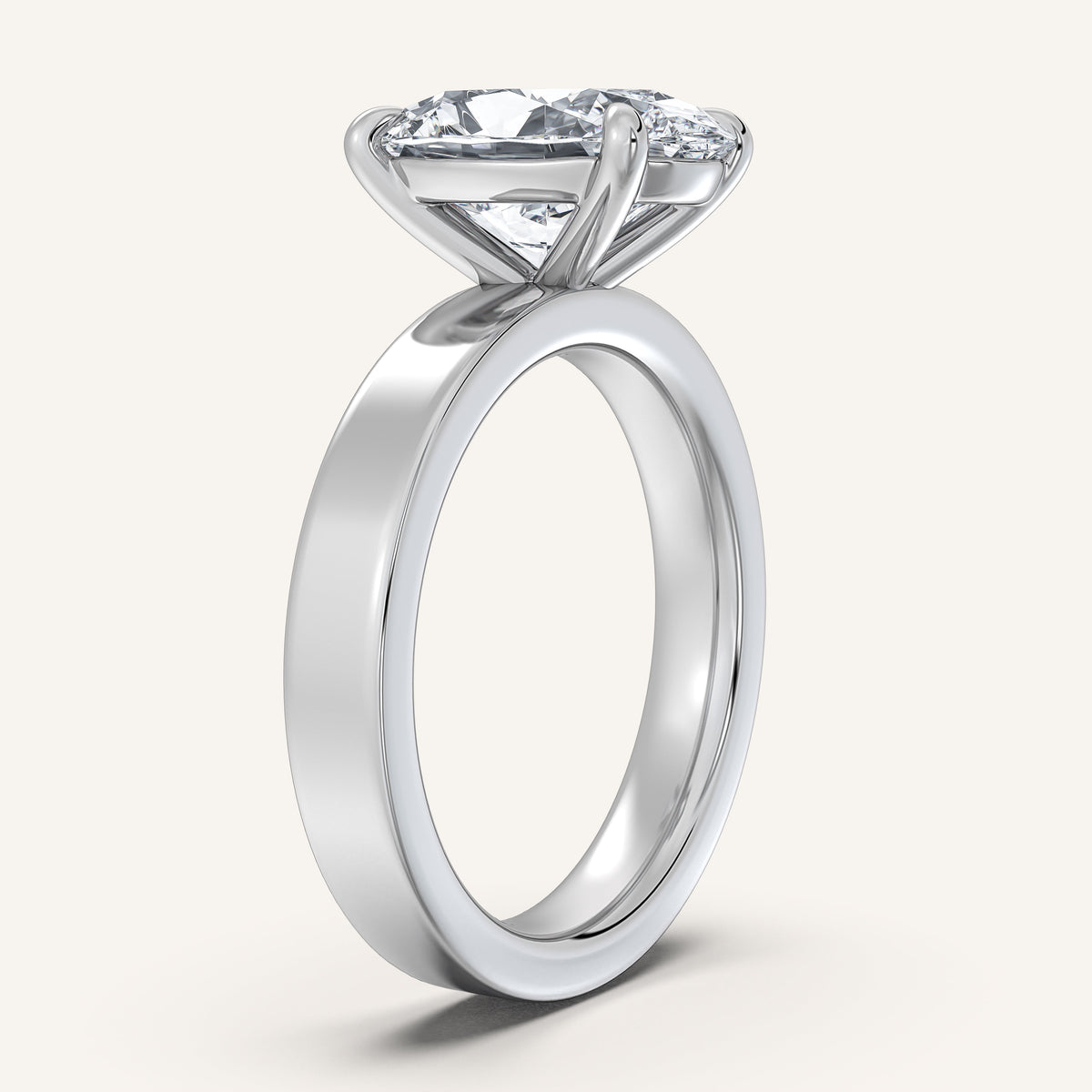 Oval lab-grown diamond on a wide flat band engagement ring in 14k white gold, a setting that balances a 4 carat stone