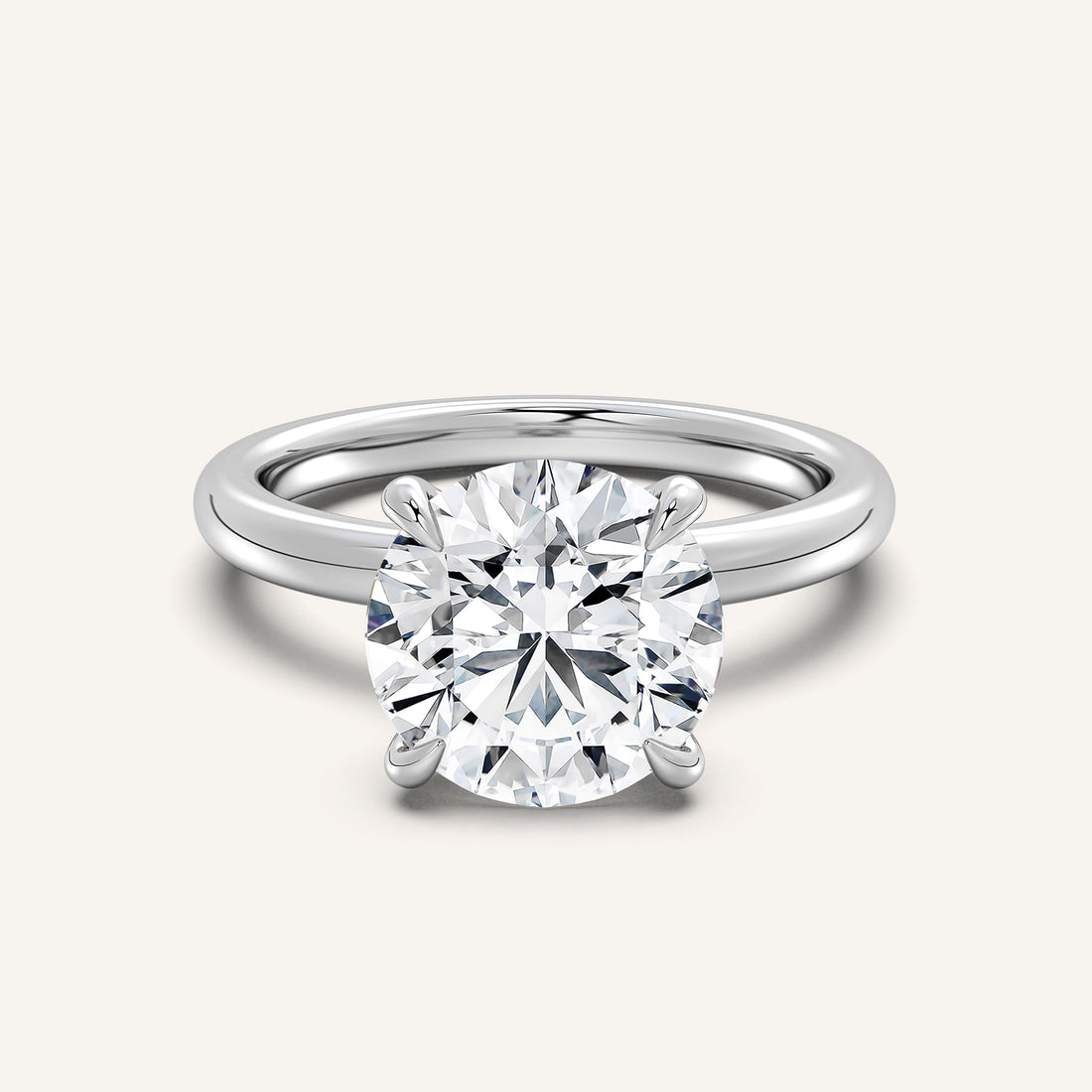 Round lab-grown diamond solitaire engagement ring in 14k white gold, the setting a 5 carat diamond is most often placed in