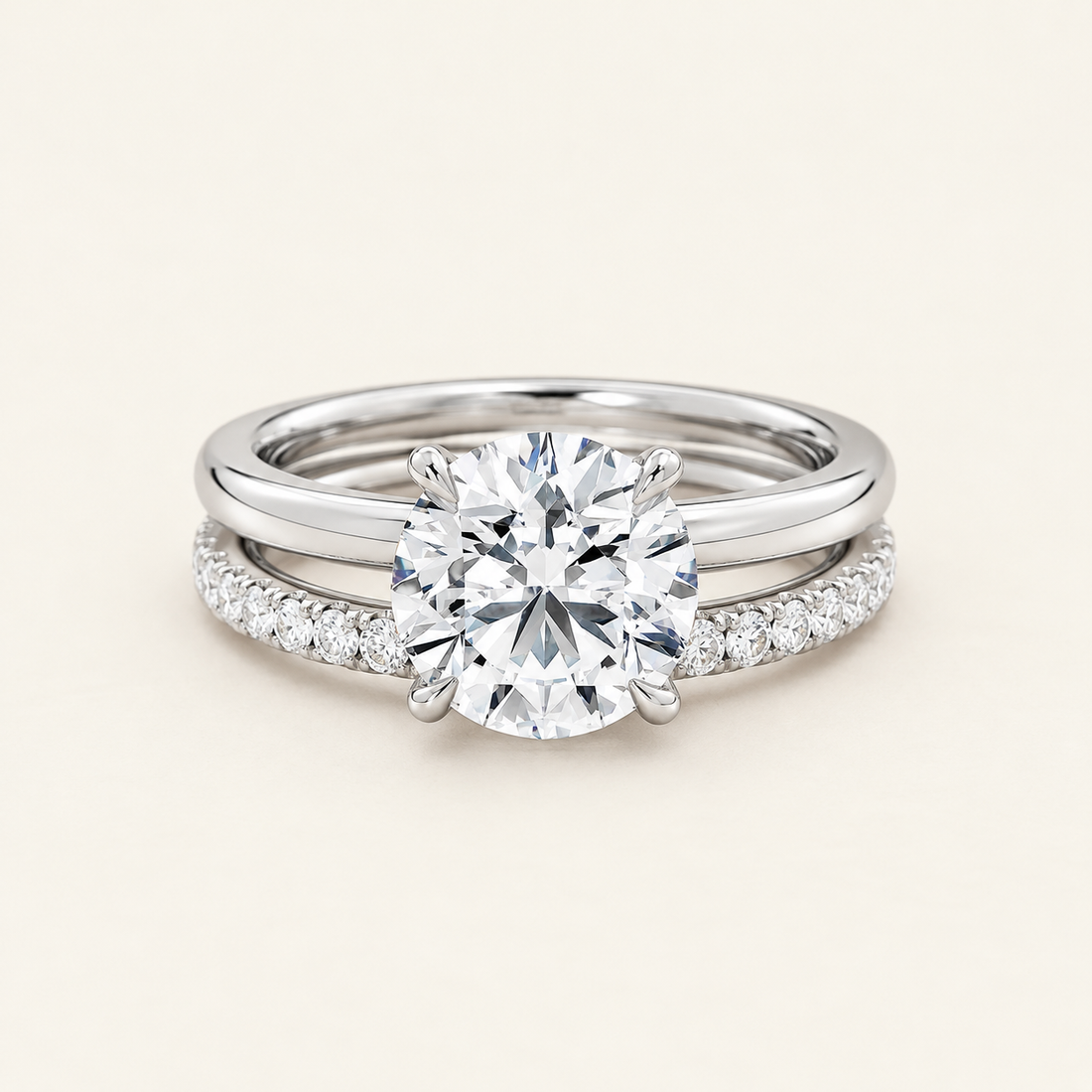 Solitaire engagement ring paired with a matching wedding band