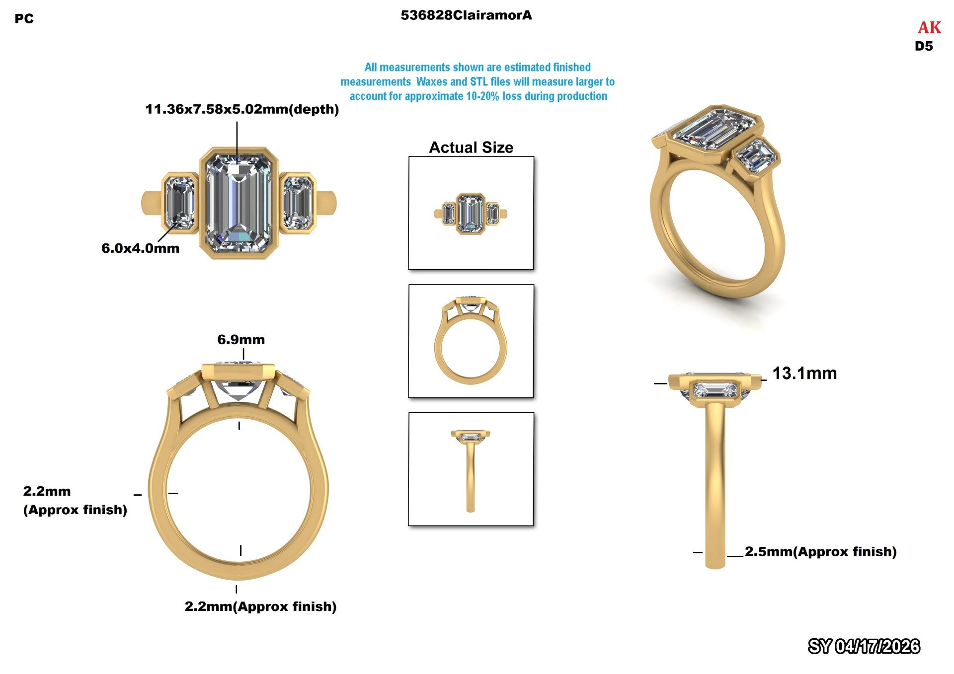 Elegant lab-grown diamond engagement ring with emerald-cut center stone and side accents in gold