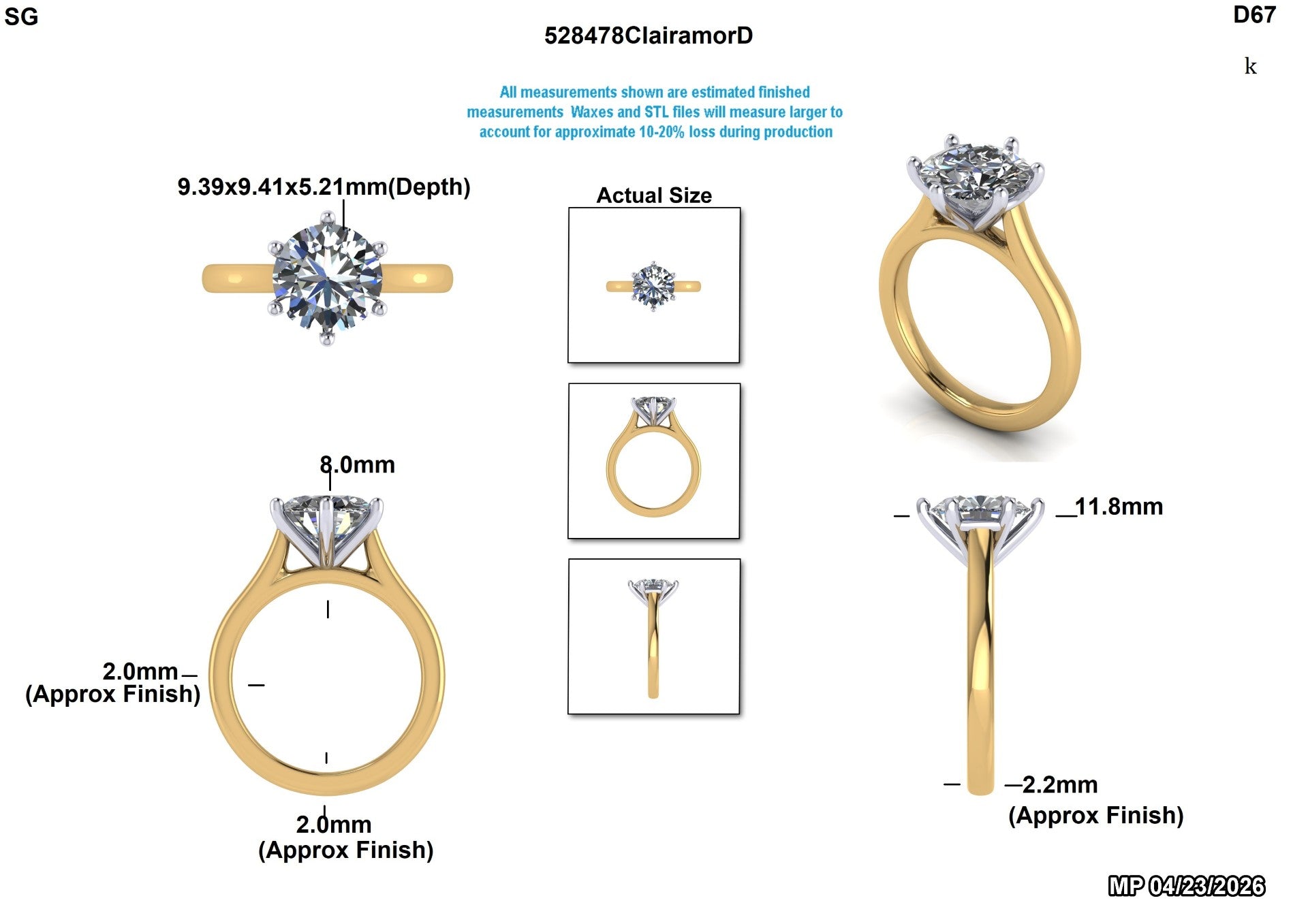 Lab-grown diamond engagement ring with yellow gold band, detailed dimensions, and actual size views
