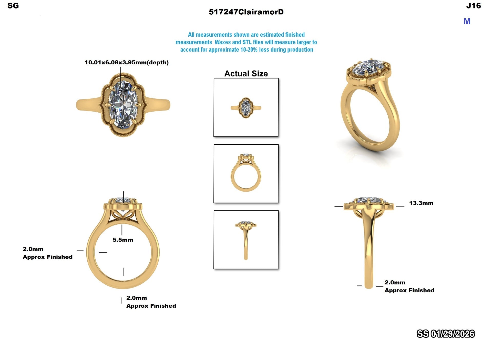 Oval lab-grown diamond engagement ring in yellow gold, detailed views with measurements
