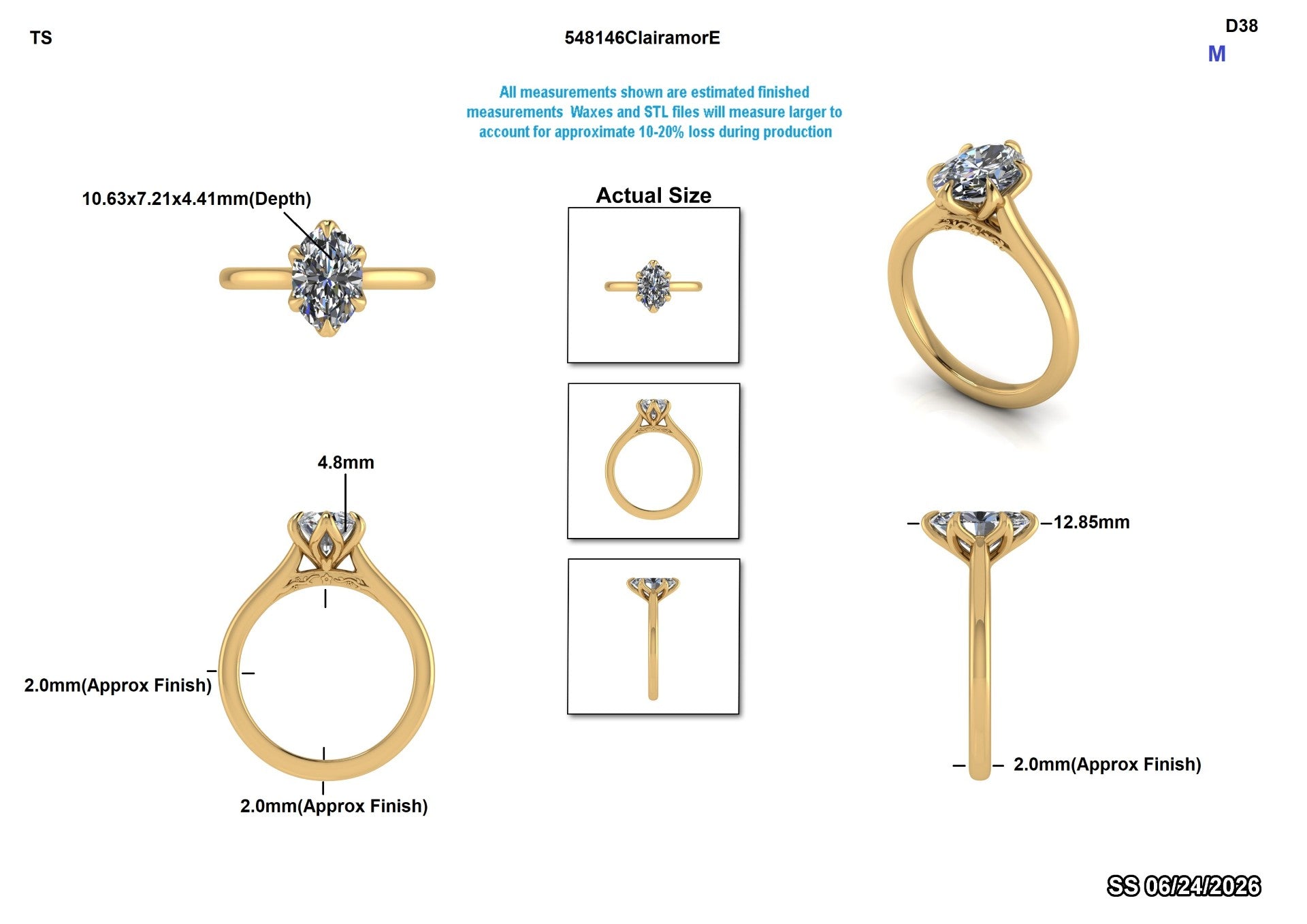 Gold ring with diamond measurements and details on a white background