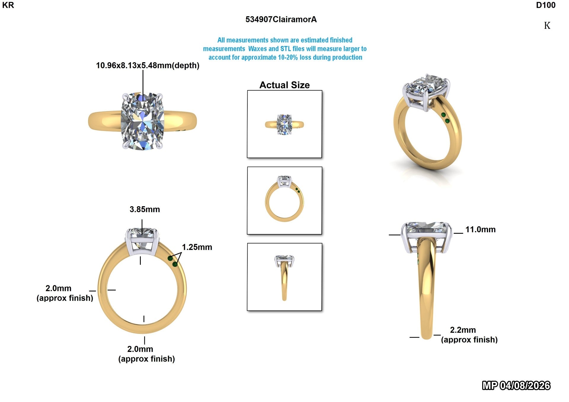 Lab-grown diamond engagement ring with cushion cut, gold band, and detailed measurements for ethical, sustainable jewelry.