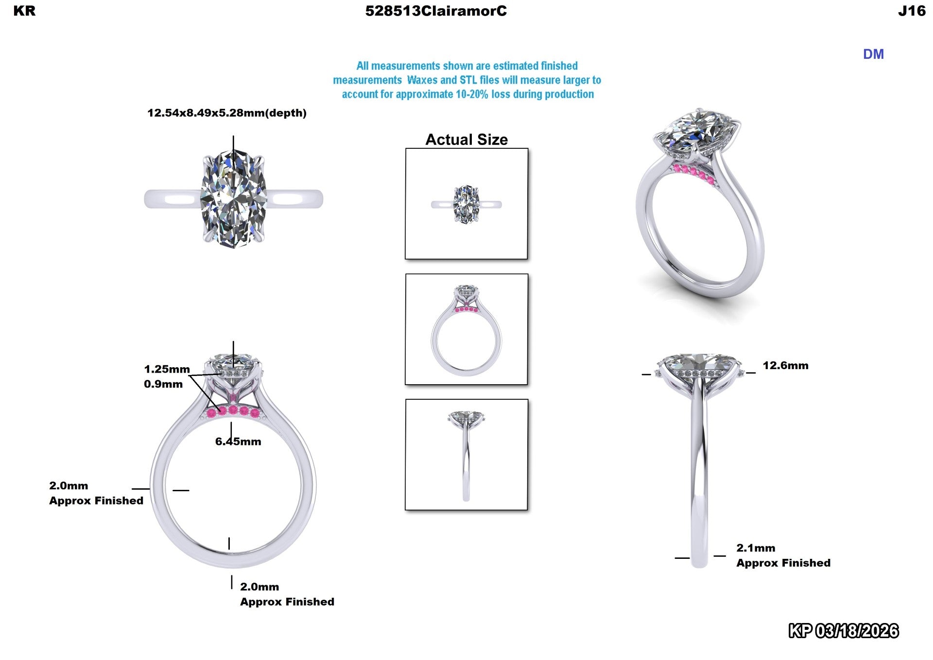 Lab-grown diamond engagement ring with pink accent stones, detailed measurements and views