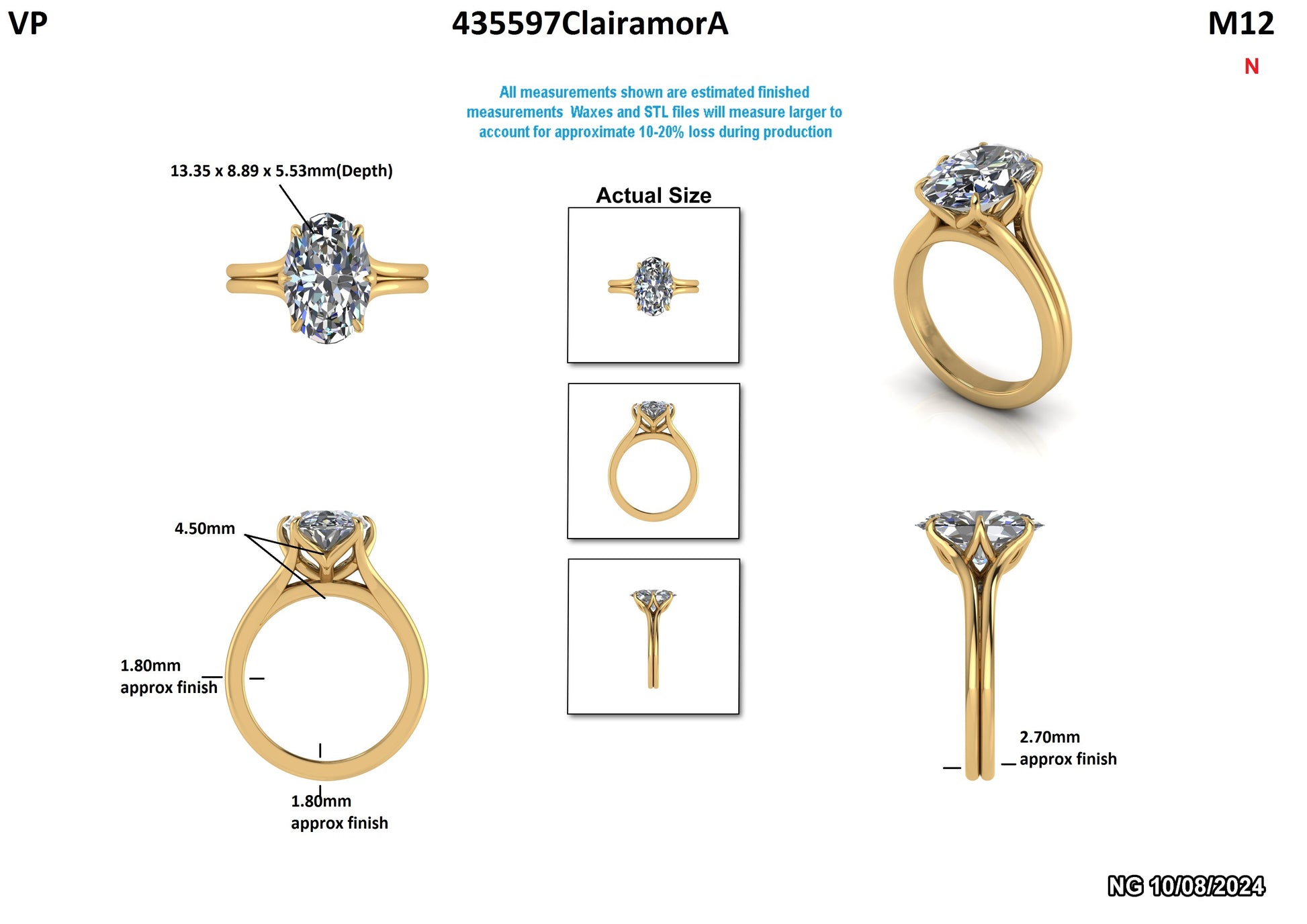 Oval lab-grown diamond engagement ring in yellow gold, detailed views with measurements for ethical, sustainable jewelry.