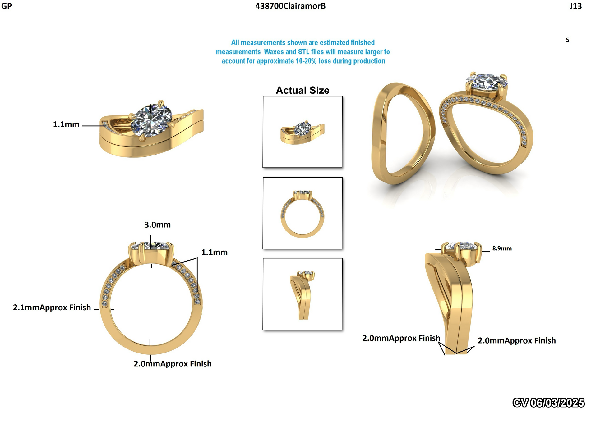 Yellow gold engagement ring with lab-grown diamond, detailed measurements and side views shown