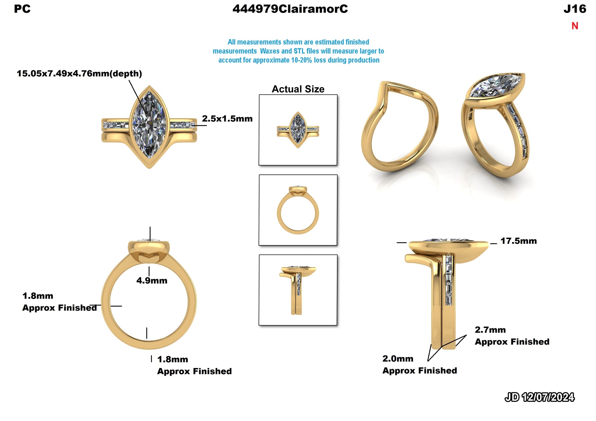 Marquise lab-grown diamond engagement ring in gold, detailed views and measurements shown