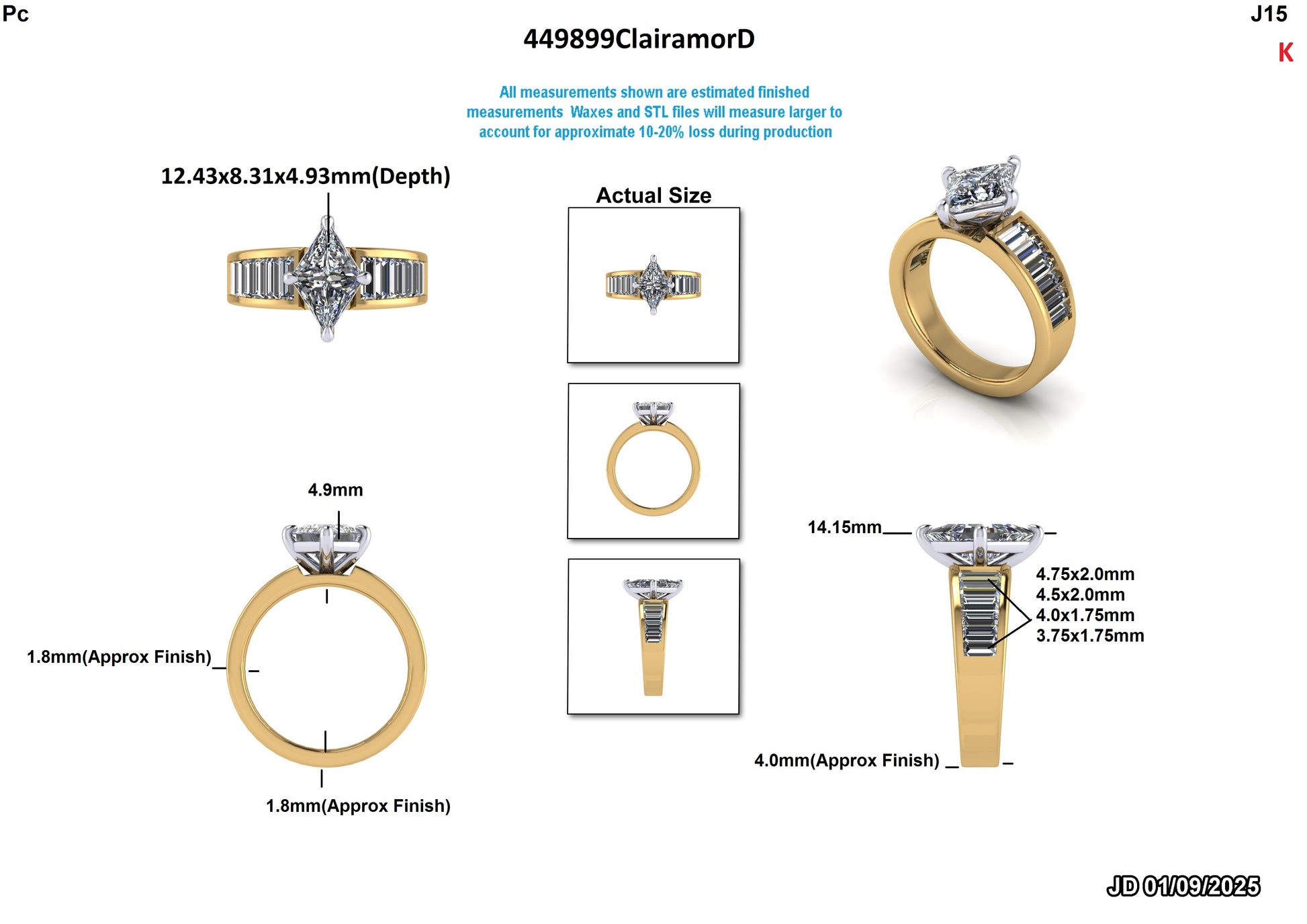 Lab-grown diamond engagement ring with princess cut center and baguette side stones, 18K gold band, detailed measurements shown