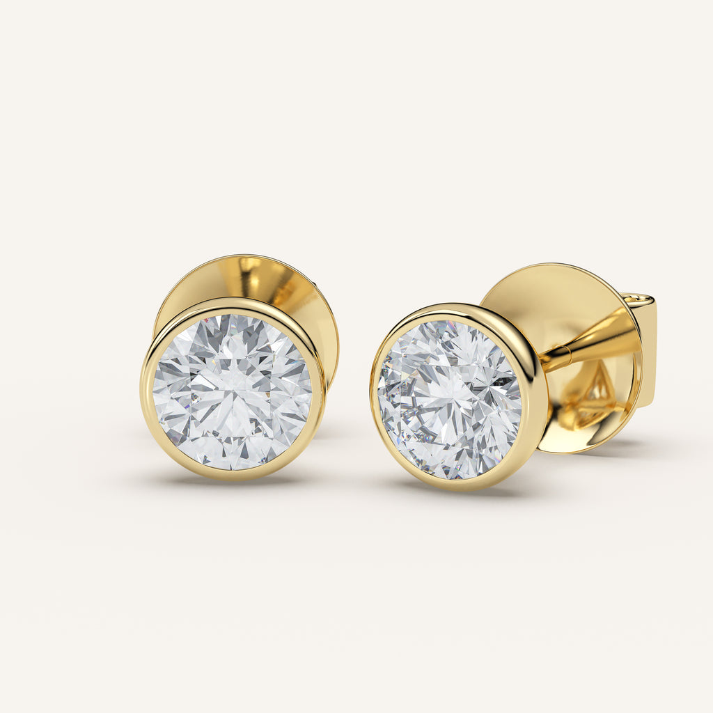 Round Bezel Diamond Stud Earrings — 2 CTW in 14k Yellow Gold (view 2)