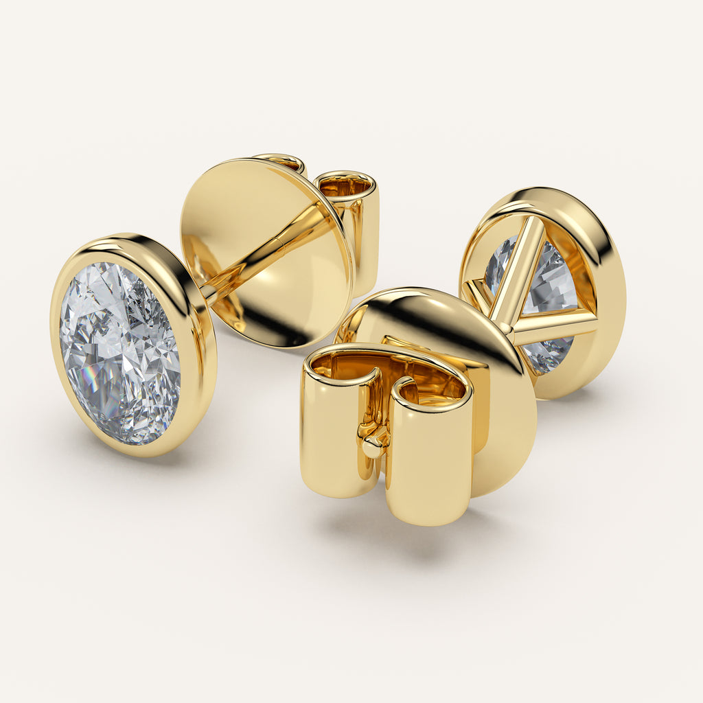 Oval Bezel Diamond Stud Earrings — 2 CTW in 14k Yellow Gold (view 4)