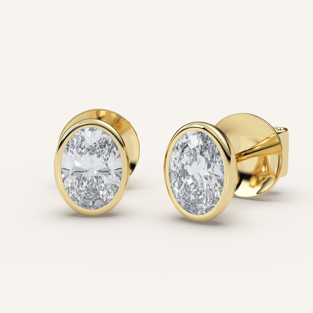 Oval Bezel Diamond Stud Earrings — 2 CTW in 14k Yellow Gold (view 2)