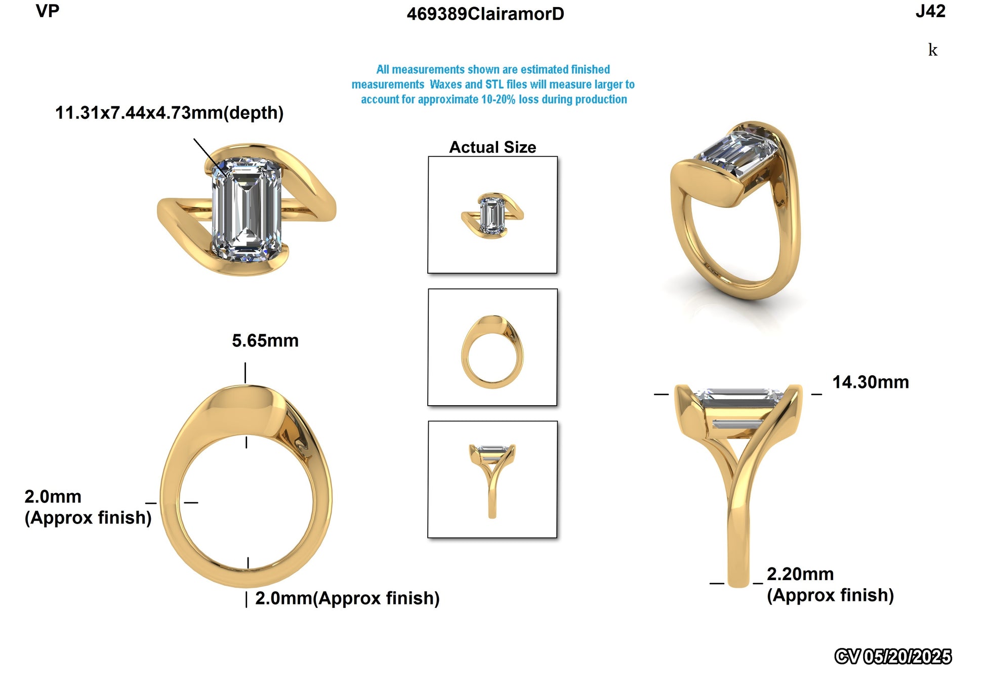 Gold ring with diamond measurements and specifications on a white background