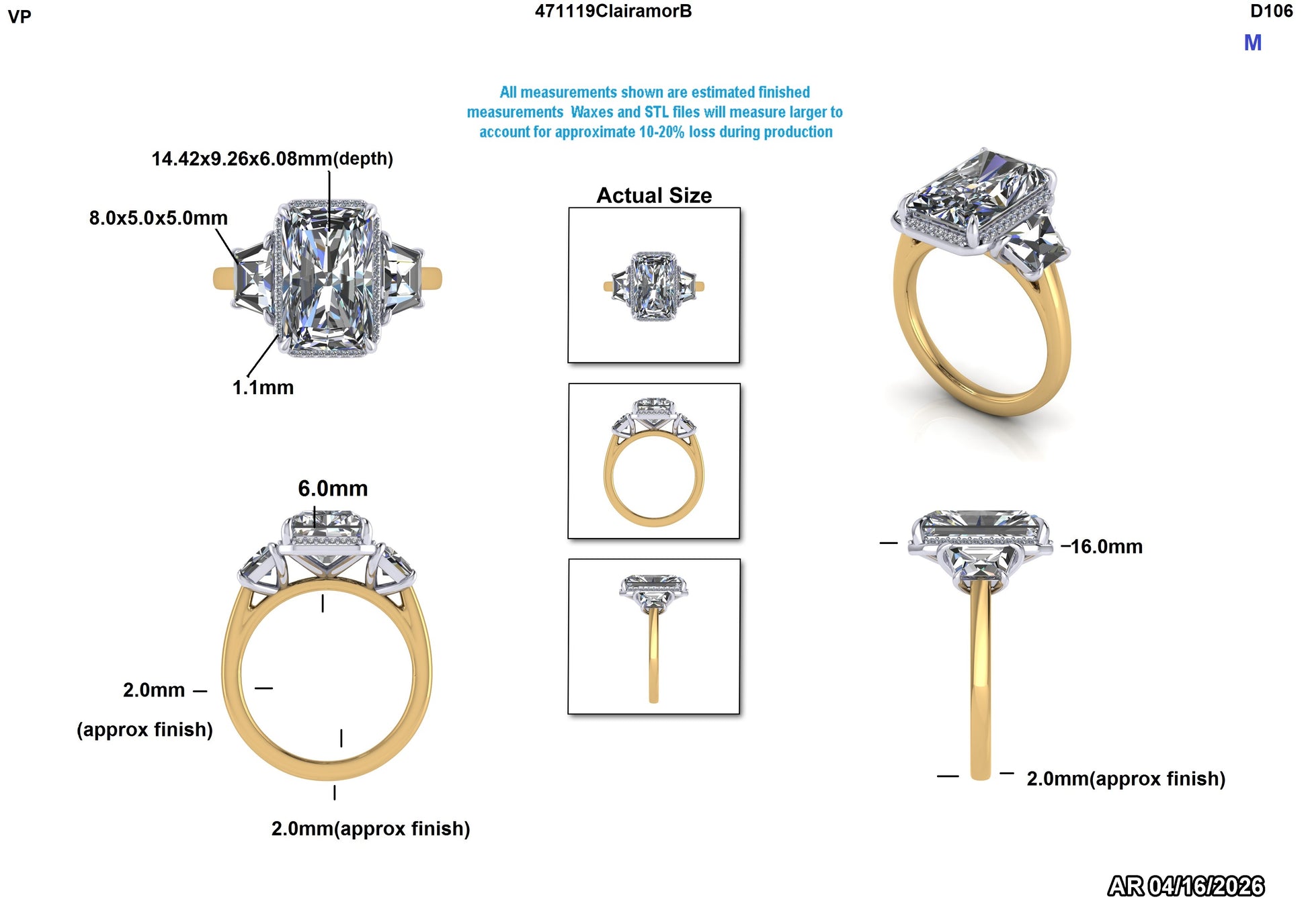 Lab-grown diamond engagement ring with cushion center, trillion side stones, and yellow gold band, shown with measurements