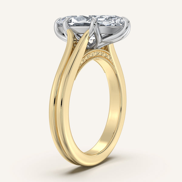 Marquise Engraved Tulip Engagement Ring | 18k Two Tone