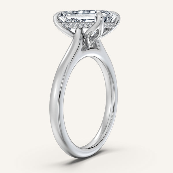 Emerald Cut Tulip Style Hidden Halo Engagement Ring | 14k White Gold