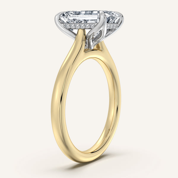 Emerald Cut Tulip Style Hidden Halo Engagement Ring | 14k Two Tone