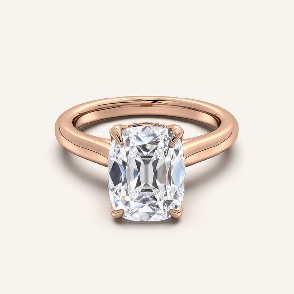 Old Mine Cut Tulip Style Hidden Halo Engagement Ring | 18k Rose Gold
