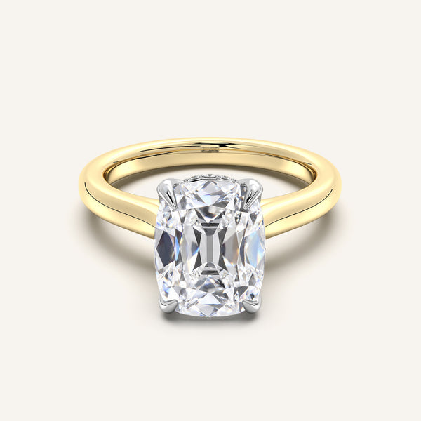 Old Mine Cut Tulip Style Hidden Halo Engagement Ring | 18k Two Tone