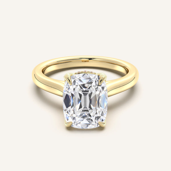 Old Mine Cut Tulip Style Hidden Halo Engagement Ring | 18k Yellow Gold
