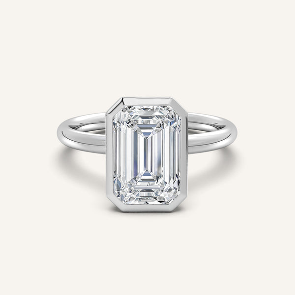 Emerald Cut Bezel Set Engagement Ring | 14k White Gold