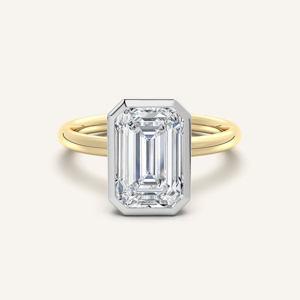 Emerald Cut Bezel Set Engagement Ring | 18k Two Tone