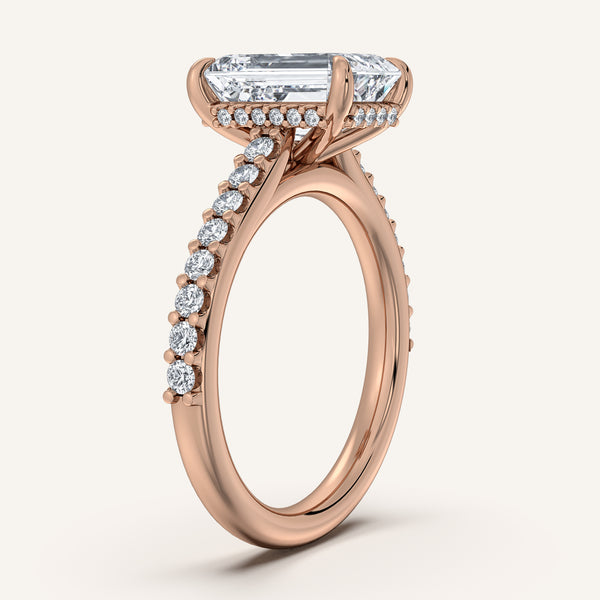 Emerald Cut Pave Band Hidden Halo Engagement Ring | 18k Rose Gold