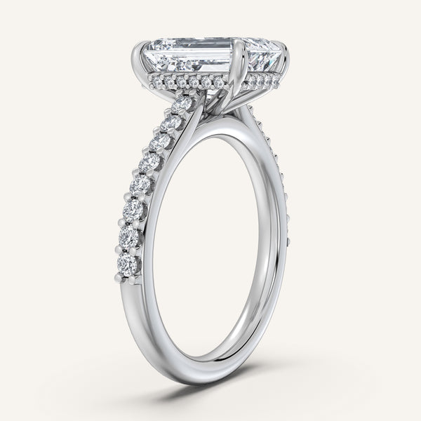 Emerald Cut Pave Band Hidden Halo Engagement Ring | 18k White Gold