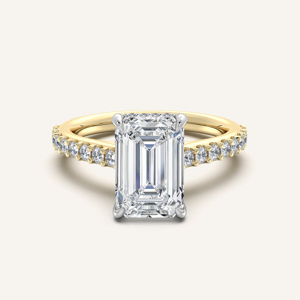 Emerald Cut Pave Band Hidden Halo Engagement Ring | 18k Two Tone