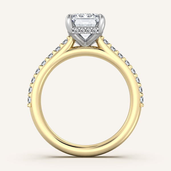 Emerald Cut Pave Band Hidden Halo Engagement Ring | 18k Two Tone