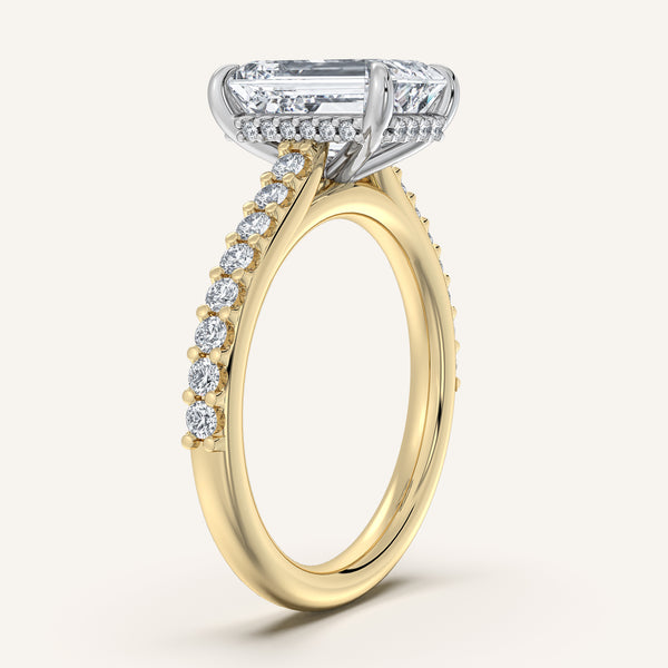 Emerald Cut Pave Band Hidden Halo Engagement Ring | 18k Two Tone