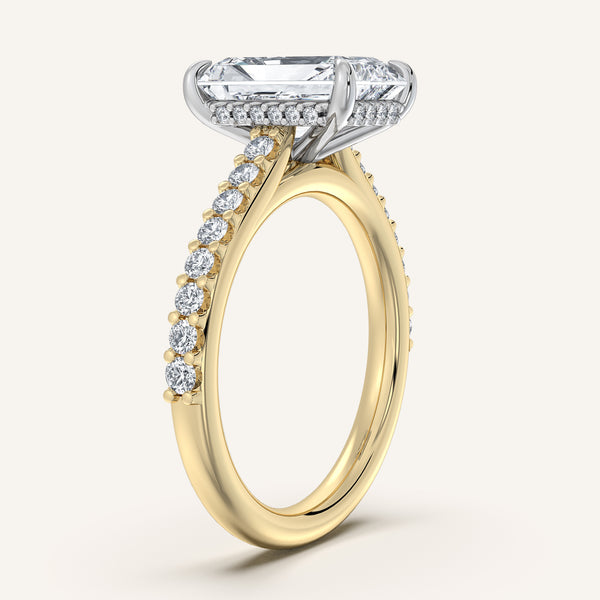 Radiant Cut Pave Band Hidden Halo Engagement Ring | 18k Two Tone