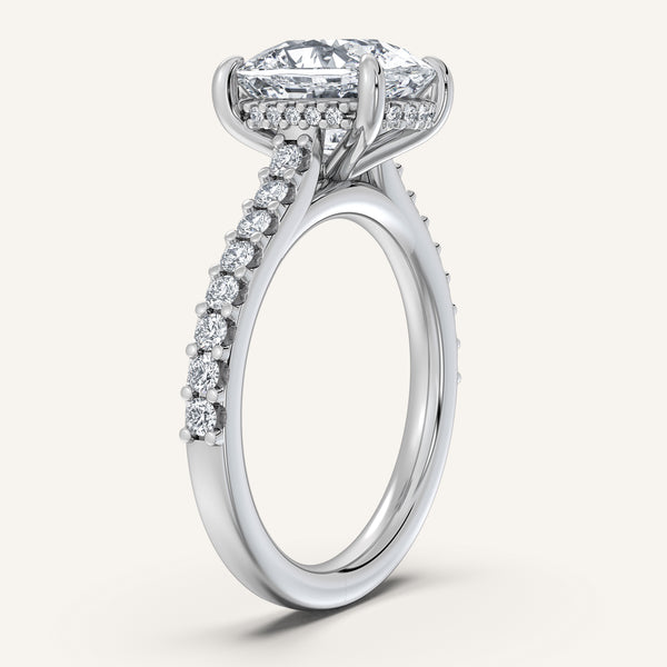 Cushion Cut Pave Band Hidden Halo Engagement Ring | 14k White Gold