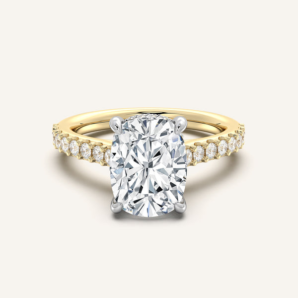 Cushion Cut Pave Band Hidden Halo Engagement Ring | 18k Two Tone