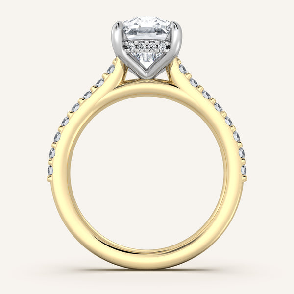 Cushion Cut Pave Band Hidden Halo Engagement Ring | 18k Two Tone