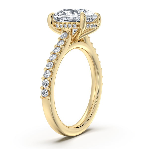 Cushion Cut Pave Band Hidden Halo Engagement Ring | 14k Yellow Gold