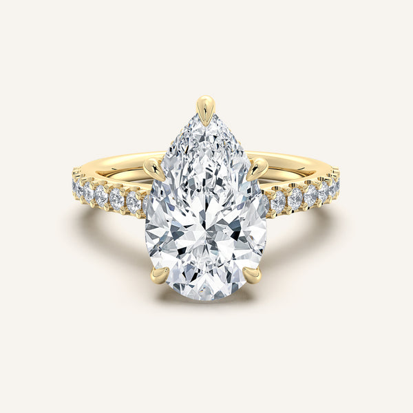 Pear Shape Pave Band Hidden Halo Engagement Ring | 18k Yellow Gold