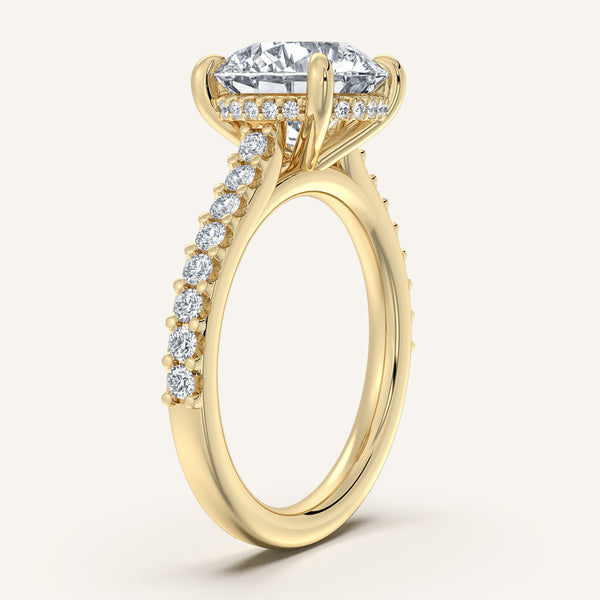 Round Pave Band Hidden Halo Engagement Ring | 14k Yellow Gold