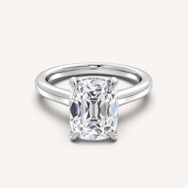 Old Mine Cut Cathedral Hidden Halo Engagement Ring | 18k White Gold