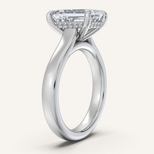 Emerald Cut Wide Band Hidden Halo Engagement Ring | 14k White Gold