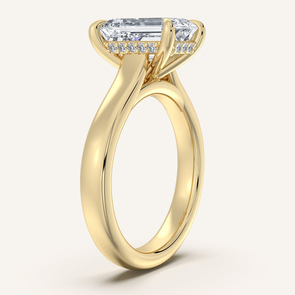 Emerald Cut Wide Band Hidden Halo Engagement Ring | 18k Yellow Gold