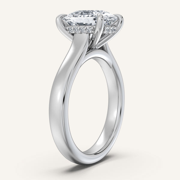 Cushion Cut Wide Band Hidden Halo Engagement Ring | 18k White Gold