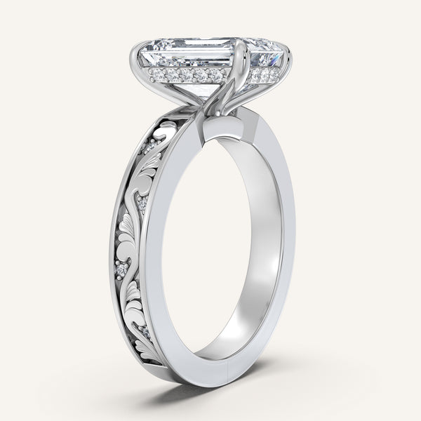 Emerald Cut Vintage Inspired Engagement Ring | 14k White Gold