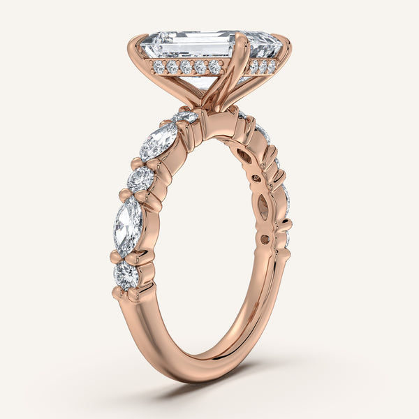 Emerald Cut Bubble Band Hidden Halo Engagement Ring | 18k Rose Gold