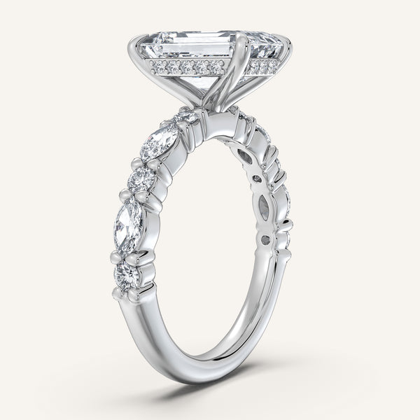 Emerald Cut Bubble Band Hidden Halo Engagement Ring | 18k White Gold