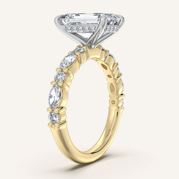 Emerald Cut Bubble Band Hidden Halo Engagement Ring | 18k Two Tone