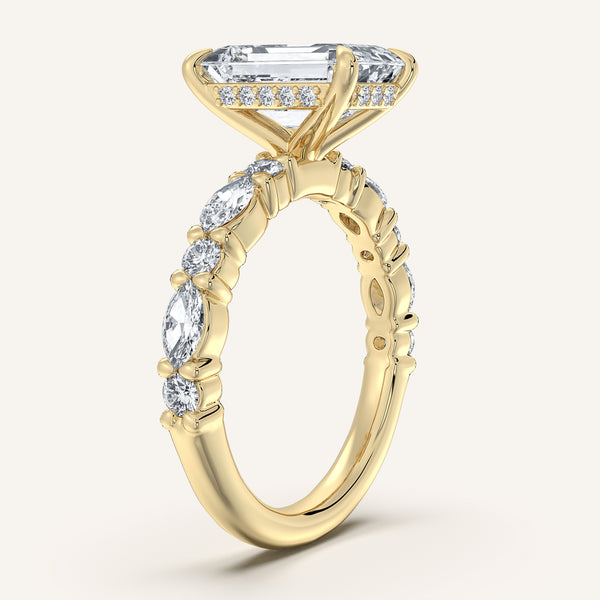 Emerald Cut Bubble Band Hidden Halo Engagement Ring | 18k Yellow Gold
