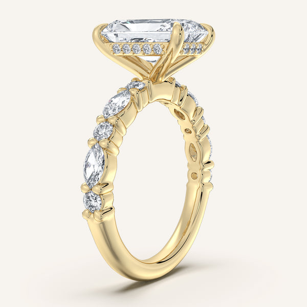 Radiant Cut Bubble Band Hidden Halo Engagement Ring | 14k Yellow Gold