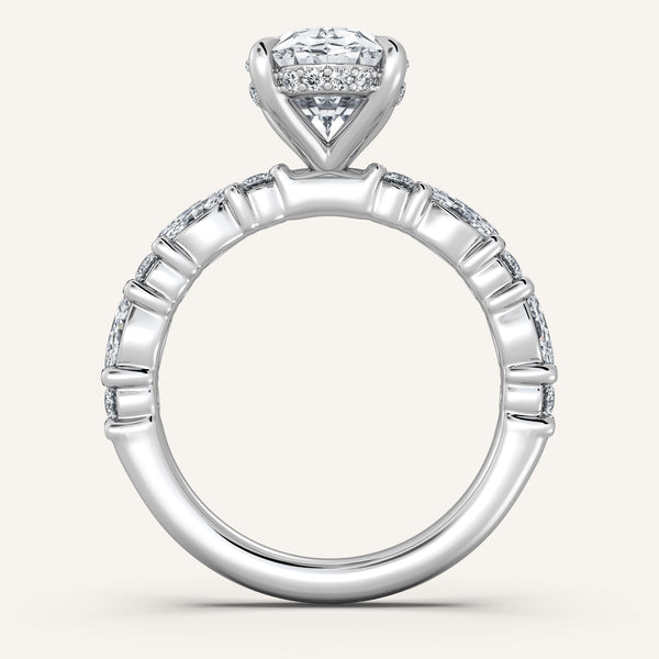 Oval Bubble Band Hidden Halo Engagement Ring | 18k White Gold